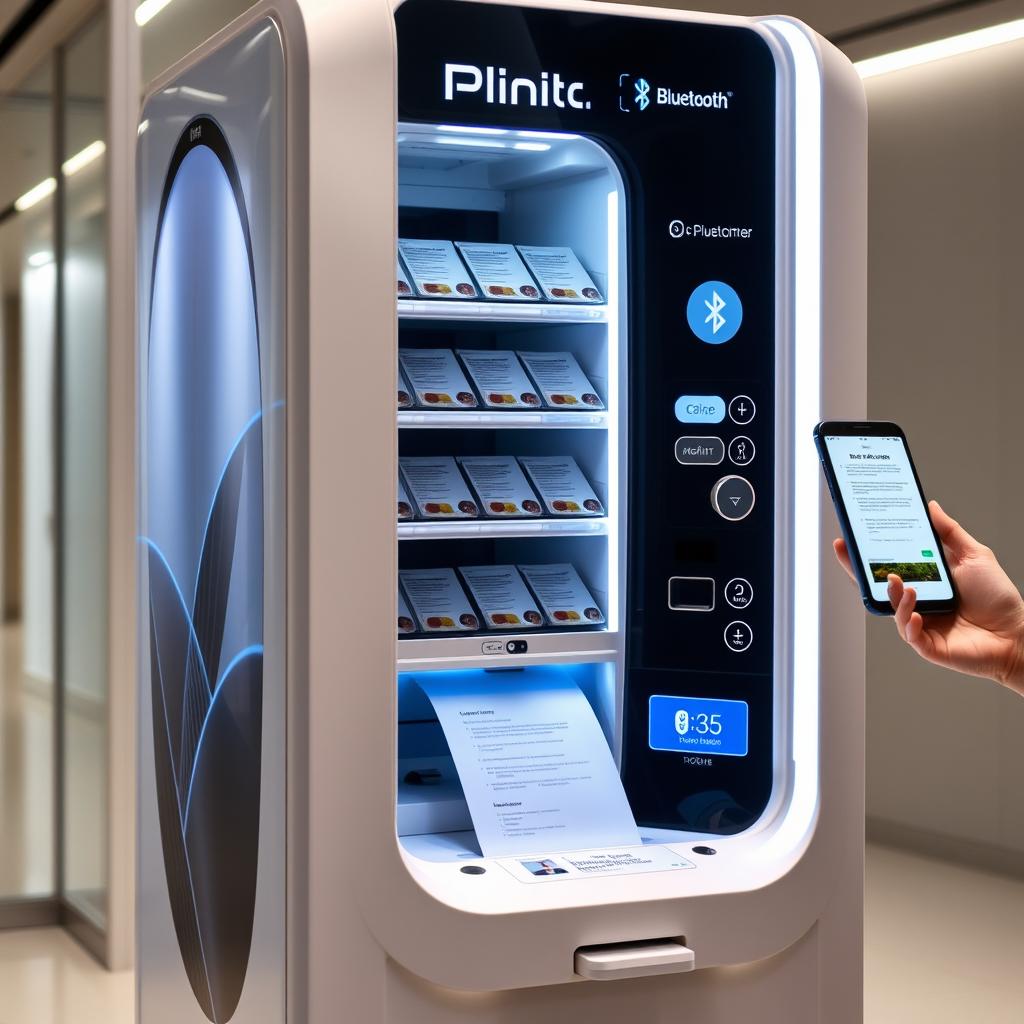 A futuristic printer vending machine designed to connect via Bluetooth to a mobile phone for printing files