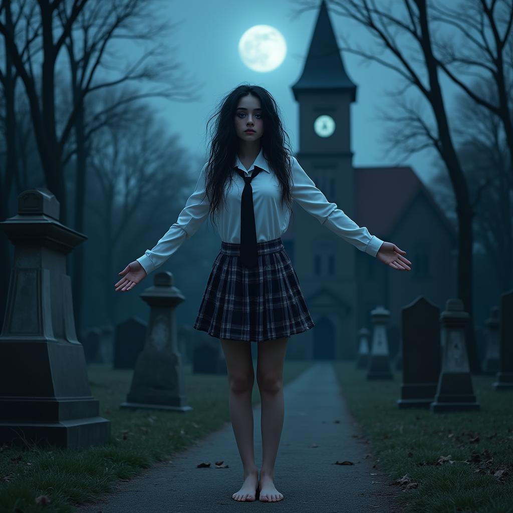 A beautiful, stunning 18-year-old girl, barefoot, stands in a haunted, lightly wooded cemetery at midnight, welcoming you with her arms outstretched