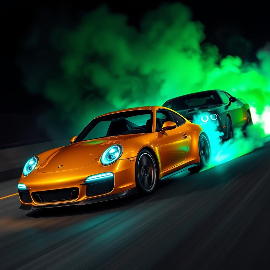 A golden Porsche racing against a black Challenger, flames erupting from the Porsche as it speeds through a night setting
