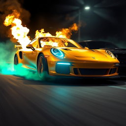 A golden Porsche racing against a black Challenger, flames erupting from the Porsche as it speeds through a night setting