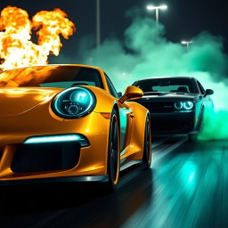 A golden Porsche racing against a black Challenger, flames erupting from the Porsche as it speeds through a night setting