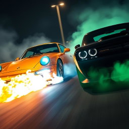 A golden Porsche racing against a black Challenger, flames erupting from the Porsche as it speeds through a night setting