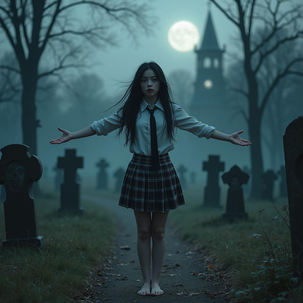 A stunning 18 year old girl barefoot, welcoming with arms outstretched in a hauntingly beautiful scene of a lightly wooded cemetery