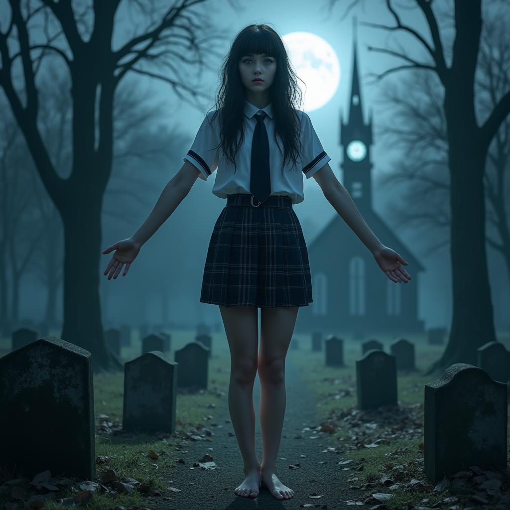 A stunning 18 year old girl barefoot, welcoming you with arms outstretched in a hauntingly beautiful landscape of a lightly wooded cemetery