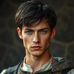A young man with an attractive appearance and a serious expression