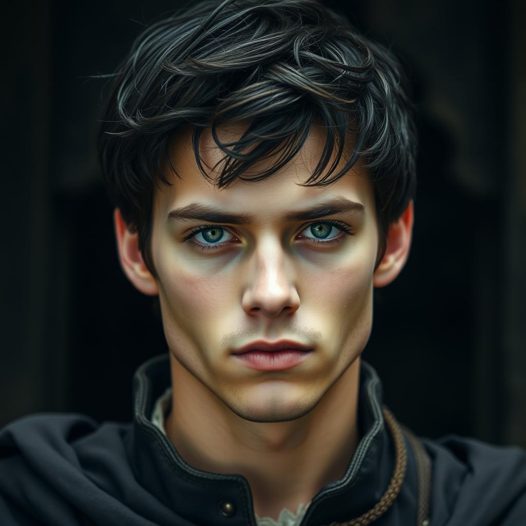 A young man with an attractive appearance and a serious expression