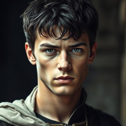 A young man with an attractive appearance and a serious expression