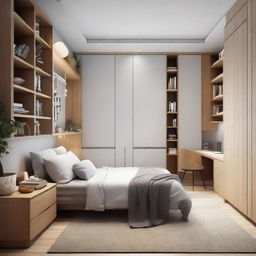 A small-size bedroom designed in a cozy style, featuring a medium-sized bed, a study table, two bookcases and two closets, all arranged to maximize the use of space.