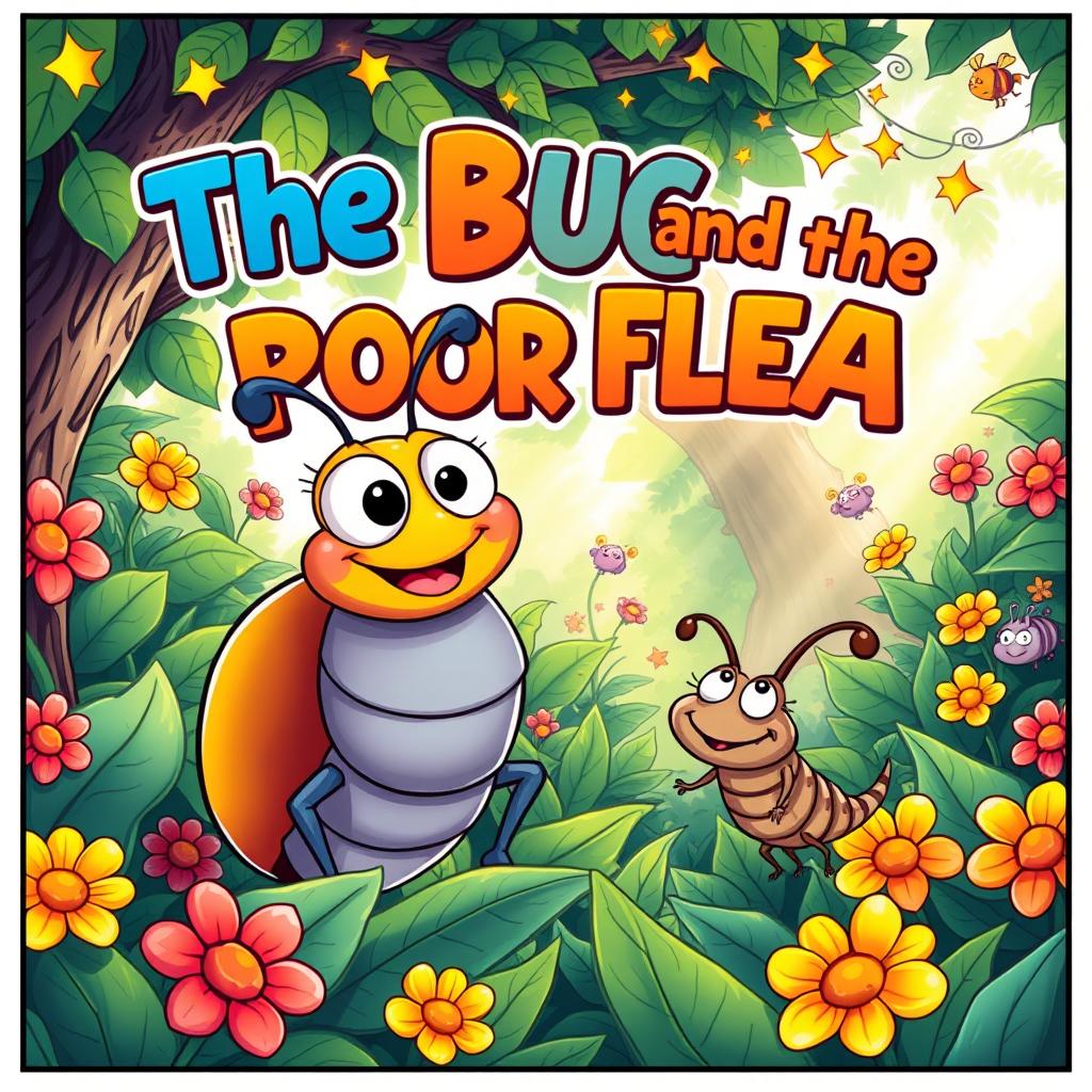 A comic book cover illustration of 'The Bug and the Poor Flea' from the Panchatantra, depicting a vibrant and whimsical scene