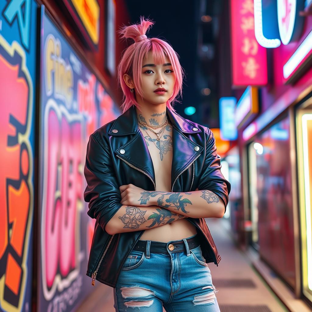 A Korean male idol with a bad boy persona, showcasing medium-length pink hair styled in a bun, complemented by an array of stylish tattoos on his arms and neck