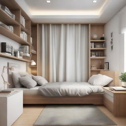 A small-size bedroom designed in a cozy style, featuring a medium-sized bed, a study table, two bookcases and two closets, all arranged to maximize the use of space.