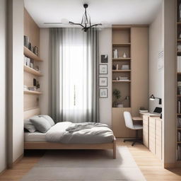 A small-sized, cozy style bedroom complete with a medium-sized bed, a study table, two bookcases, and two closets fittingly arranged in the space.