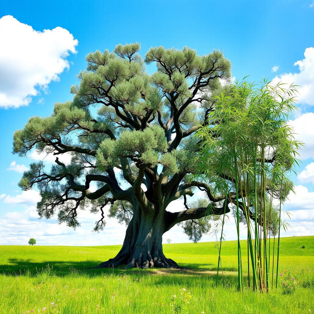 A strong and rigid oak tree standing tall next to a long and flexible bamboo plant, both situated in a sunny meadow