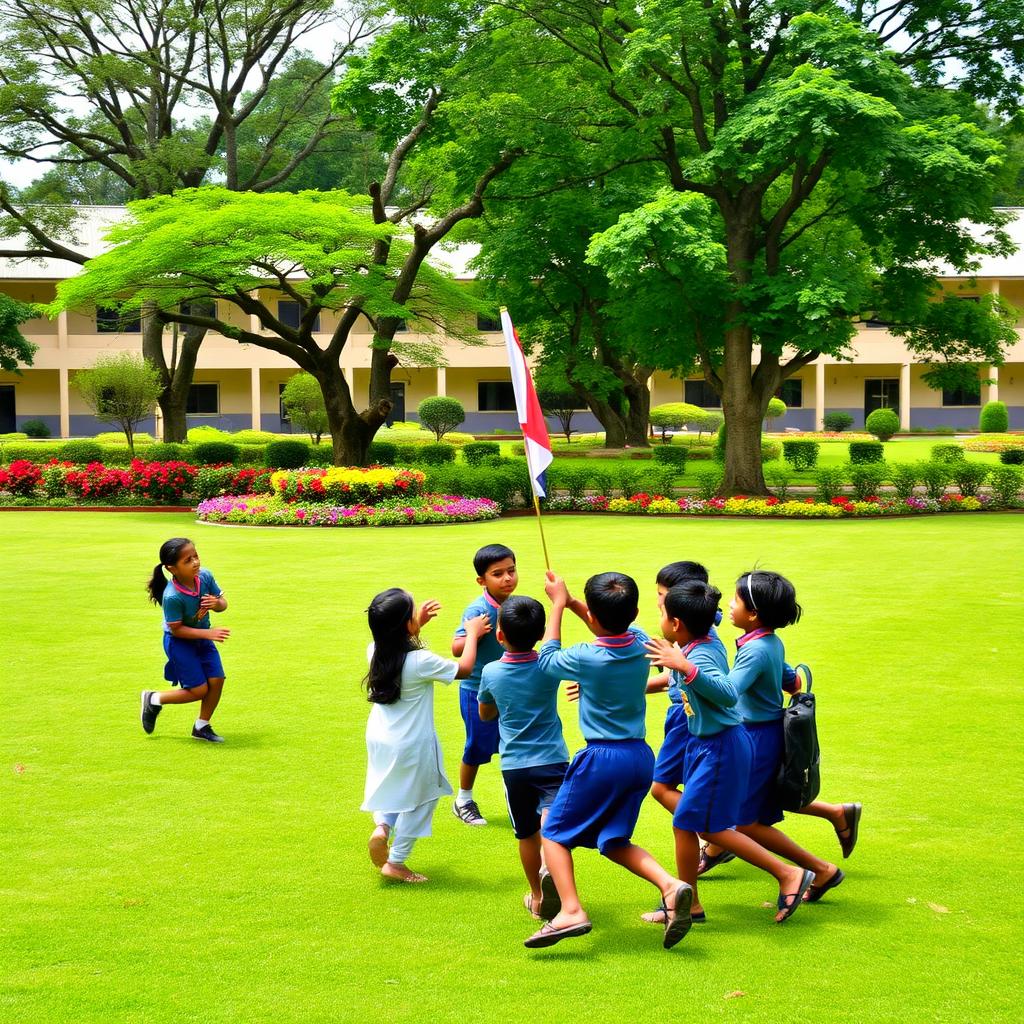 A lively school scene featuring a green field where students are energetically playing a game involving a flag, showcasing their enthusiasm and teamwork