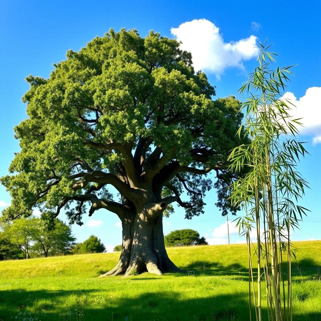 A strong and rigid oak tree standing proudly next to a long and flexible bamboo plant, in a sunny morning setting