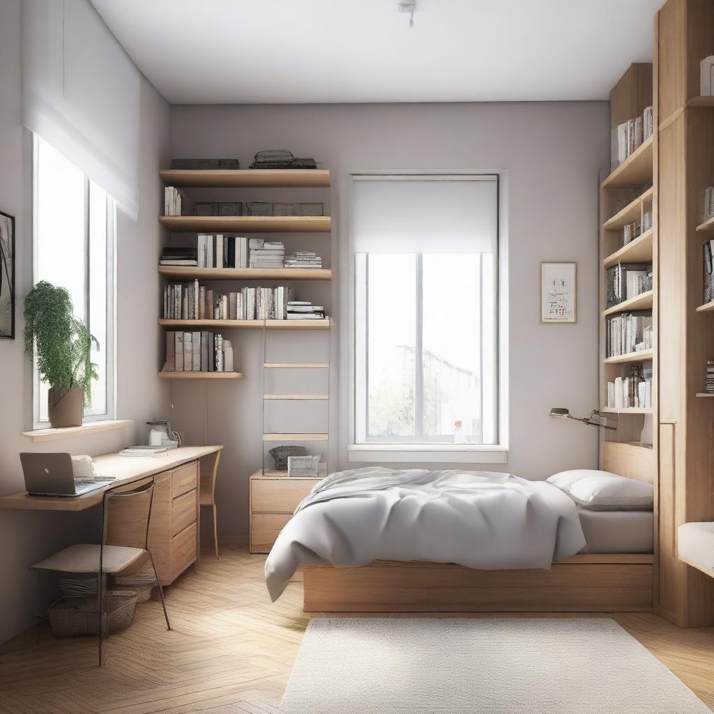 A small-sized, cozy style bedroom complete with a medium-sized bed, a study table, two bookcases, and two closets fittingly arranged in the space.