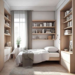 A small-sized, cozy style bedroom complete with a medium-sized bed, a study table, two bookcases, and two closets fittingly arranged in the space.