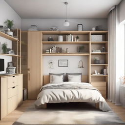 A small-sized, cozy style bedroom complete with a medium-sized bed, a study table, two bookcases, and two closets fittingly arranged in the space.