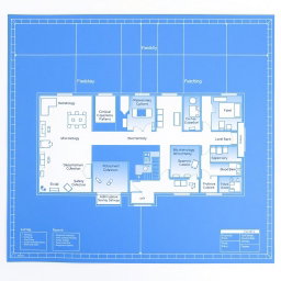 A blueprint of a clinical laboratory with labeled sections, including departments like Hematology, Microbiology, Biochemistry, Pathology, Immunology, and Blood Bank