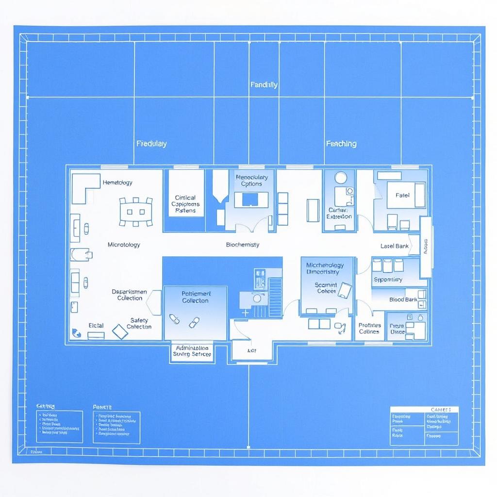 A blueprint of a clinical laboratory with labeled sections, including departments like Hematology, Microbiology, Biochemistry, Pathology, Immunology, and Blood Bank