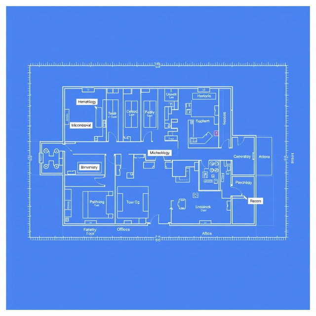 A blueprint of a clinical laboratory with labeled sections, including departments like Hematology, Microbiology, Biochemistry, Pathology, Immunology, and Blood Bank