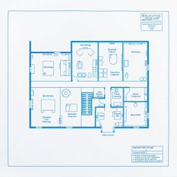 A blueprint of a clinical laboratory with labeled sections, including departments like Hematology, Microbiology, Biochemistry, Pathology, Immunology, and Blood Bank