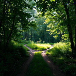 A contemplative landscape scene depicting a fork in a forest path, surrounded by lush greenery and dappled sunlight filtering through the leaves