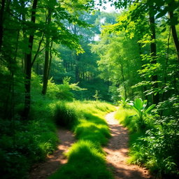 A contemplative landscape scene depicting a fork in a forest path, surrounded by lush greenery and dappled sunlight filtering through the leaves