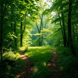A contemplative landscape scene depicting a fork in a forest path, surrounded by lush greenery and dappled sunlight filtering through the leaves