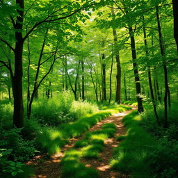 A contemplative landscape scene depicting a fork in a forest path, surrounded by lush greenery and dappled sunlight filtering through the leaves