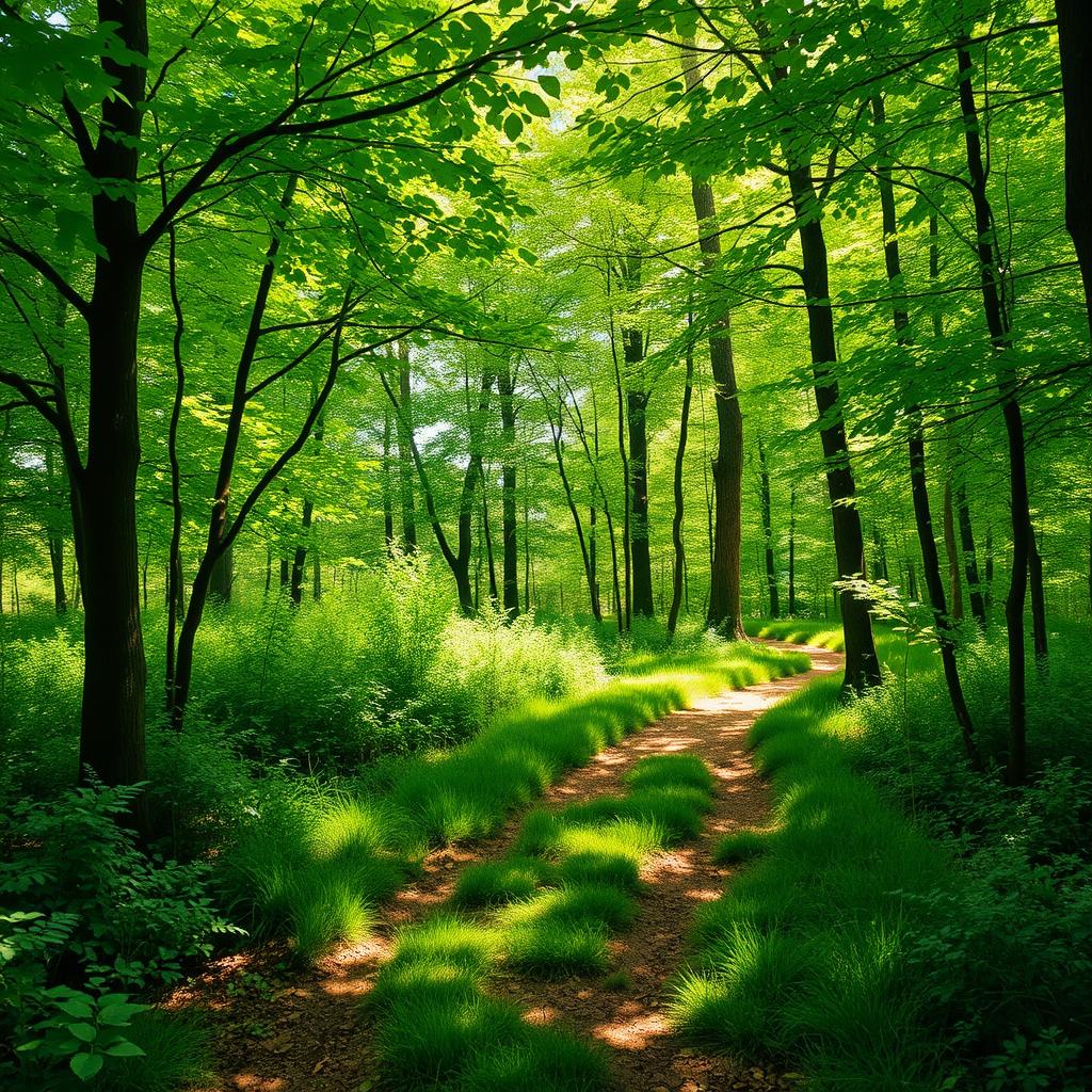 A contemplative landscape scene depicting a fork in a forest path, surrounded by lush greenery and dappled sunlight filtering through the leaves