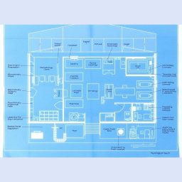 A detailed blueprint of a clinical laboratory featuring clearly labeled departments such as Hematology, Microbiology, Biochemistry, Pathology, Immunology, and Blood Bank