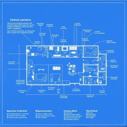 A detailed blueprint of a clinical laboratory featuring clearly labeled departments such as Hematology, Microbiology, Biochemistry, Pathology, Immunology, and Blood Bank
