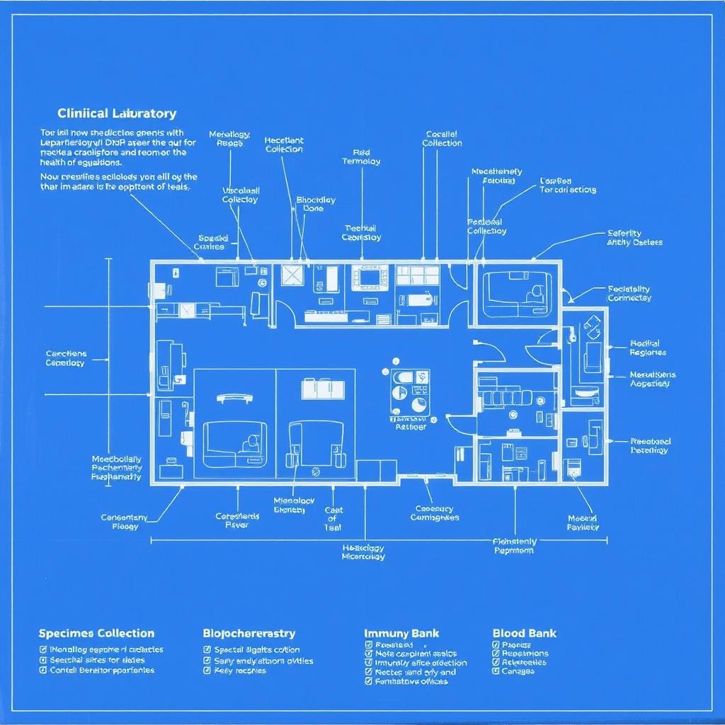 A detailed blueprint of a clinical laboratory featuring clearly labeled departments such as Hematology, Microbiology, Biochemistry, Pathology, Immunology, and Blood Bank