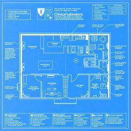 A detailed blueprint of a clinical laboratory featuring clearly labeled departments such as Hematology, Microbiology, Biochemistry, Pathology, Immunology, and Blood Bank