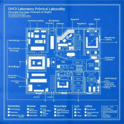 A detailed blueprint of a clinical laboratory featuring clearly labeled departments such as Hematology, Microbiology, Biochemistry, Pathology, Immunology, and Blood Bank