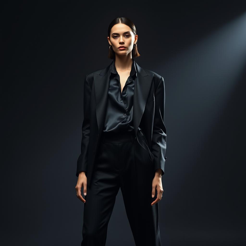 A striking high-fashion image featuring a model dressed in a sleek all-black ensemble, consisting of an oversized blazer, a luxurious silk blouse, and tailored pants that exude sophistication