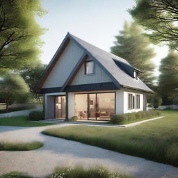 A simple, quaint house with a pitched roof, nestled in a serene environment.