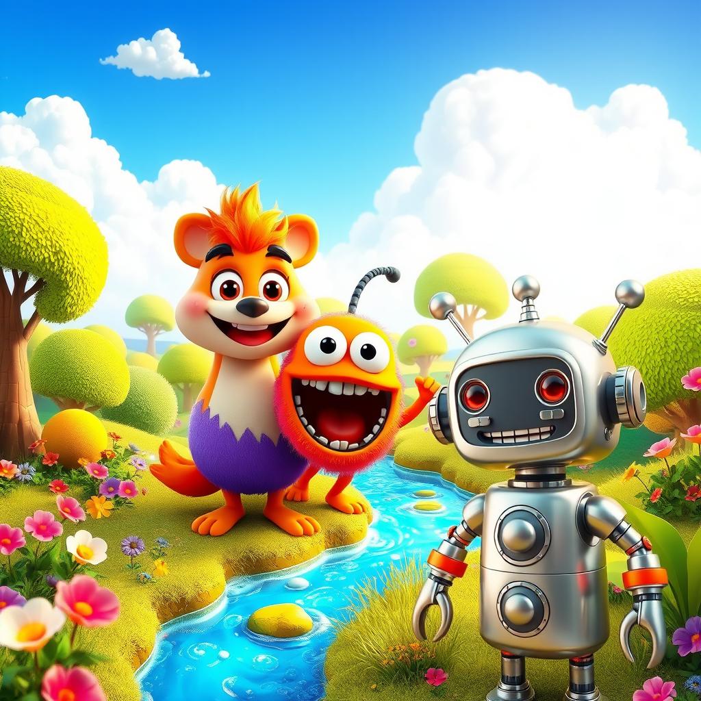 A vibrant 3D cartoon scene featuring whimsical characters in a lush, colorful landscape