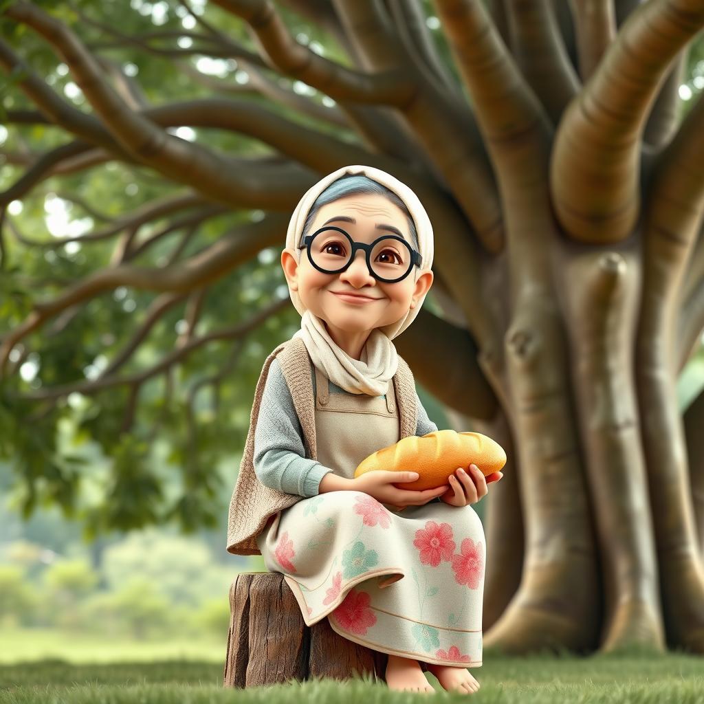 A 3D cartoon character of a sweet elderly woman, Granny, with a kind and warm expression, wearing round glasses and sporting a gentle smile