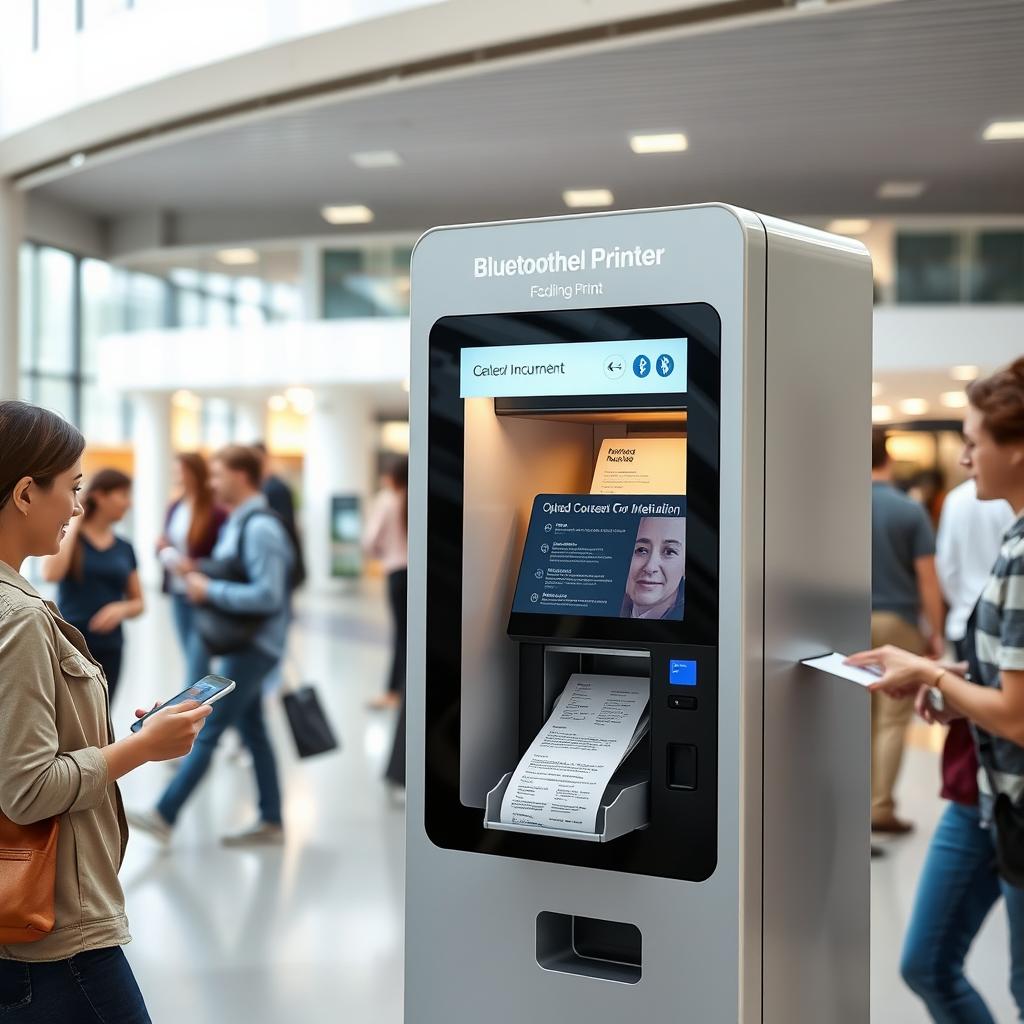 A modern Bluetooth-enabled printer vending machine located in a bright, bustling public space, such as a library or a shopping mall