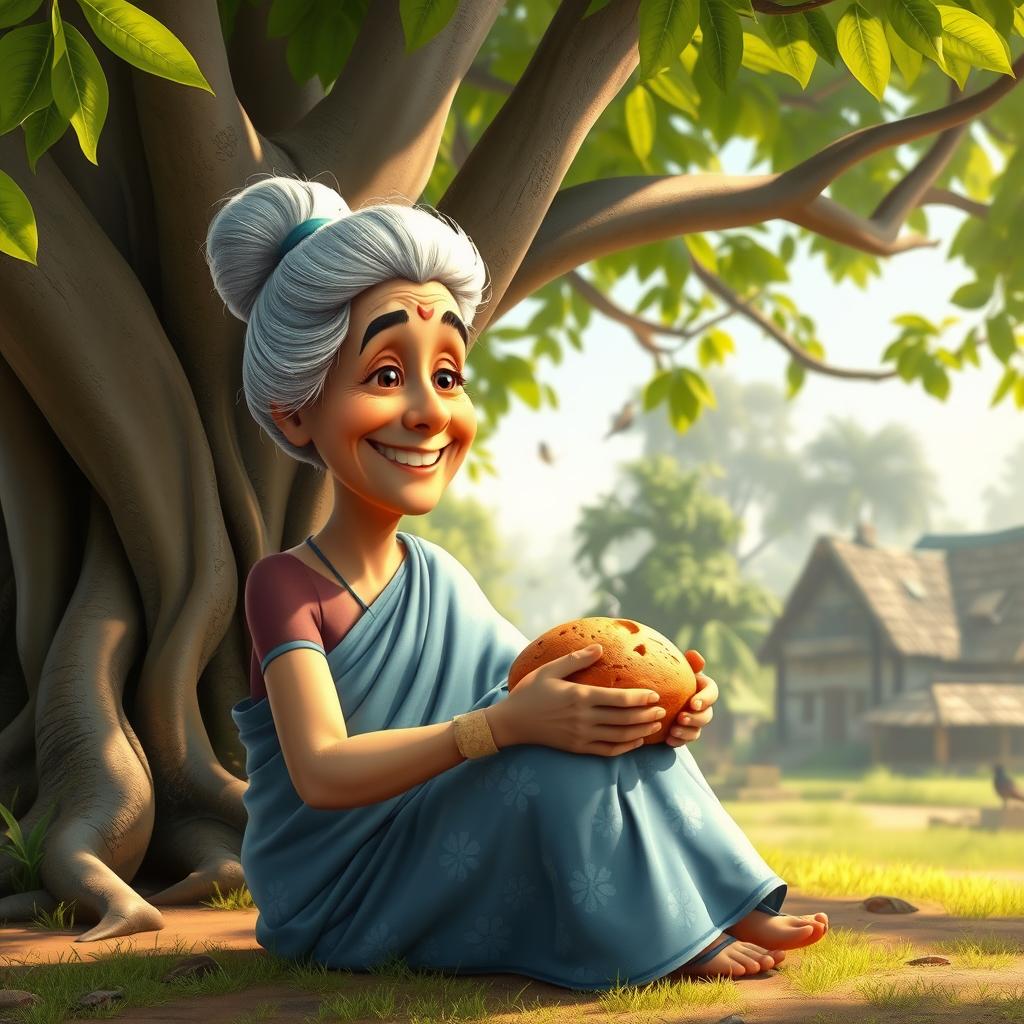 A kind old granny with silver hair tied in a neat bun, wearing a soft blue sari with white floral patterns, sits under a massive banyan tree with wide, twisted roots and lush green leaves