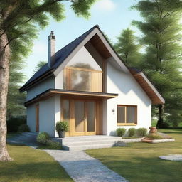 A simple, quaint house with a pitched roof, nestled in a serene environment.