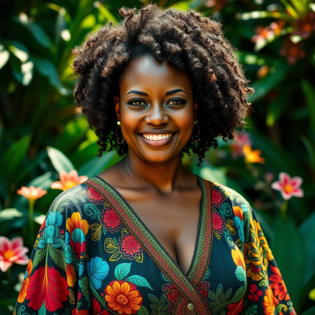 A stunning portrait of a confident black woman with natural curly hair, wearing a vibrant and colorful dress adorned with intricate patterns, standing against a lush green jungle background filled with tropical plants and flowers