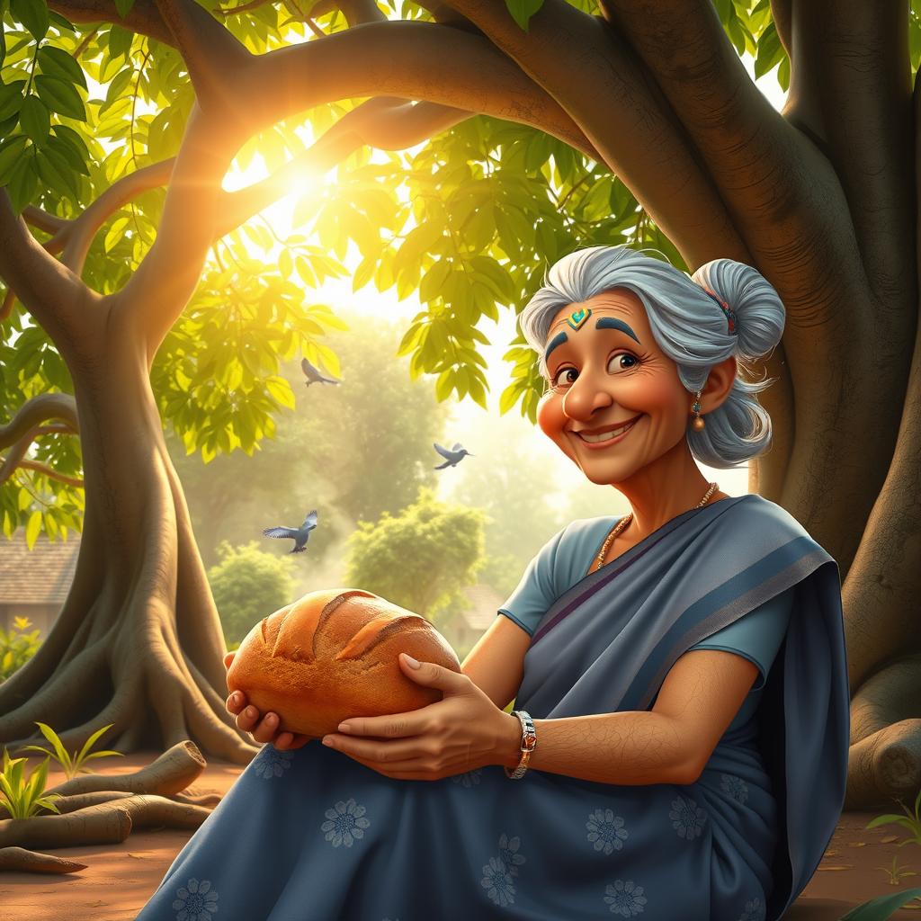A kind old granny with silver hair tied in a neat bun, wearing a soft blue sari with white floral patterns, sits under a massive banyan tree with wide, twisted roots and lush green leaves