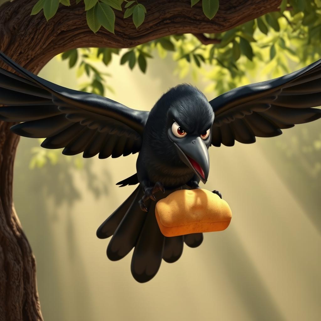 A sleek black crow with glossy feathers and sharp eyes swooping down from a tree branch, wings spread wide as it snatches a golden loaf of bread from Granny's outstretched hands