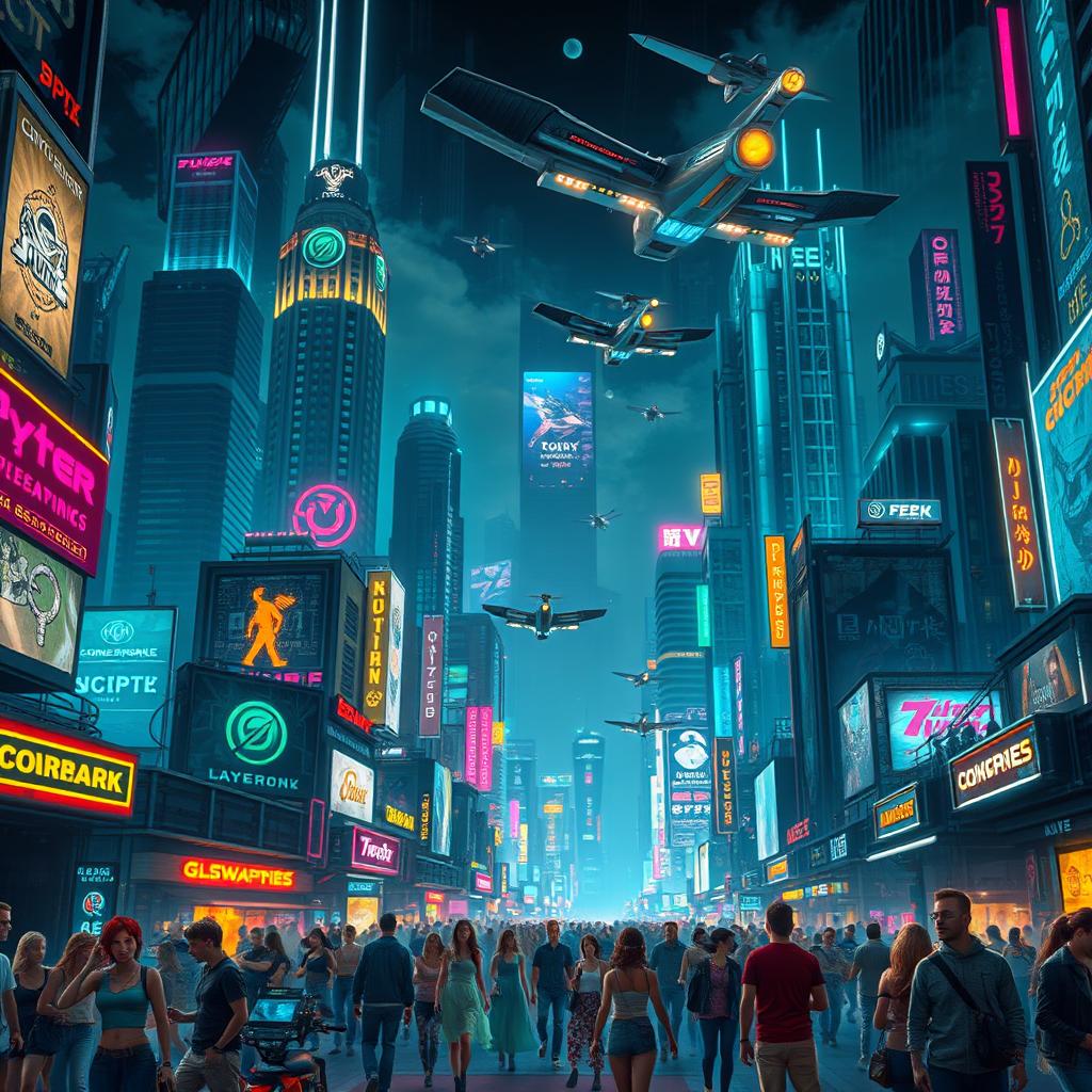 A vibrant and detailed cyberpunk cityscape at night, illuminated by neon lights and holographic displays