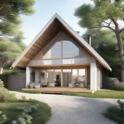 A simple, quaint house with a pitched roof, nestled in a serene environment.