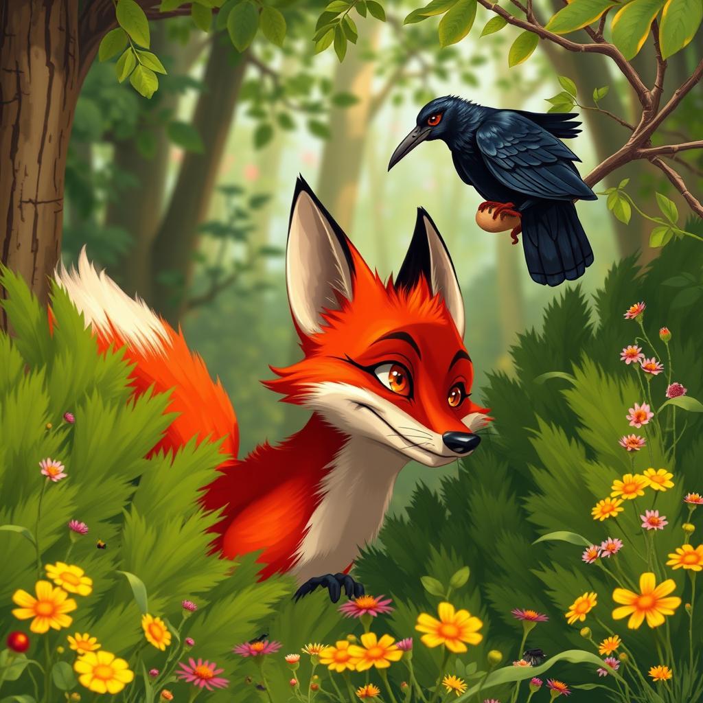 A sly red fox with sleek, vibrant fur, a bushy tail, and bright amber eyes peeks out from behind thick green bushes