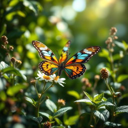 A hyper-realistic photograph of a vibrant butterfly perched on a delicate flower in a lush green environment, surrounded by various plants and foliage